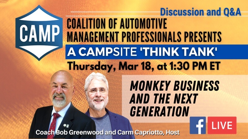 'Think Tank' 3/18/21 at 1:30pm Monkey Business and the next generation advertisement photo with CAMP members Coach Bob Greenwood an Carm Capriotto
