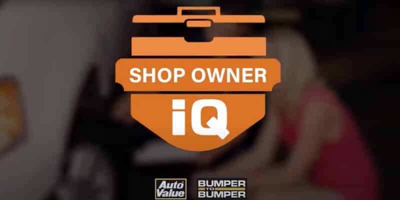 Shop Owner IQ logo with auto value and bumper to bumper logos below it