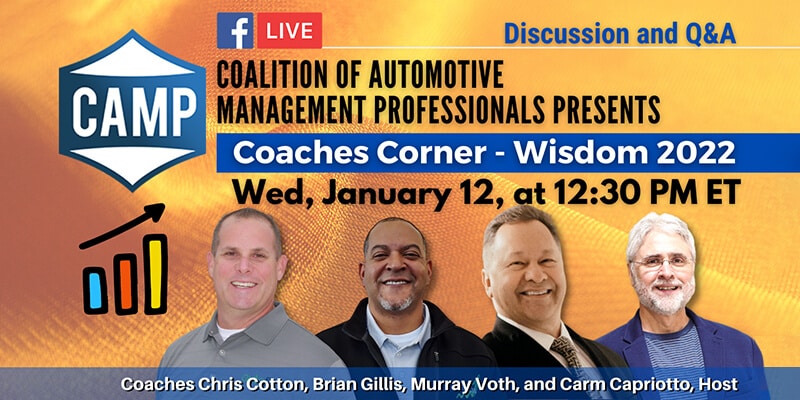 CAMP Presents Coaches Corner - Wisdom 2022 with CAMP logo, date Wed, January 12 at 12:30 pm et with pictures of featured coaches on Facebook Live Chris Cotton, Brian Gillis, Murray Voth and Carm Capriotto the Host.