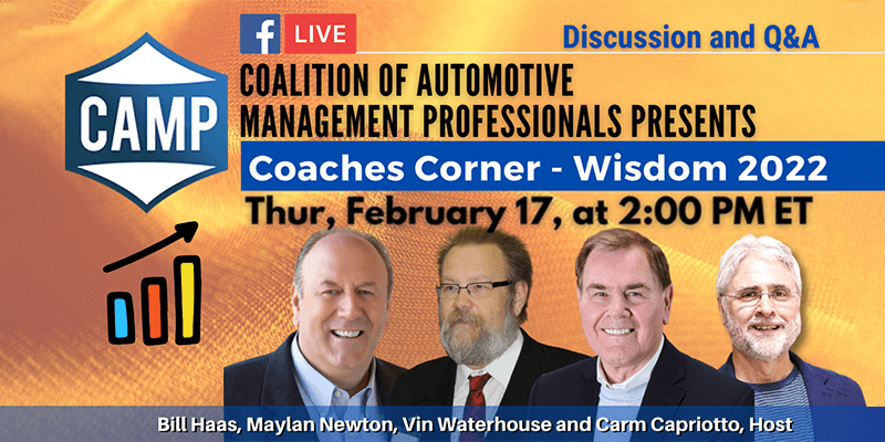 CAMP Presents Coaches Corner - Wisdom 2022 with CAMP logo, date Wed, Feb at 2:00 pm et with pictures of featured coaches on Facebook Live Bill, Maylan, Vin and Carm the Host.